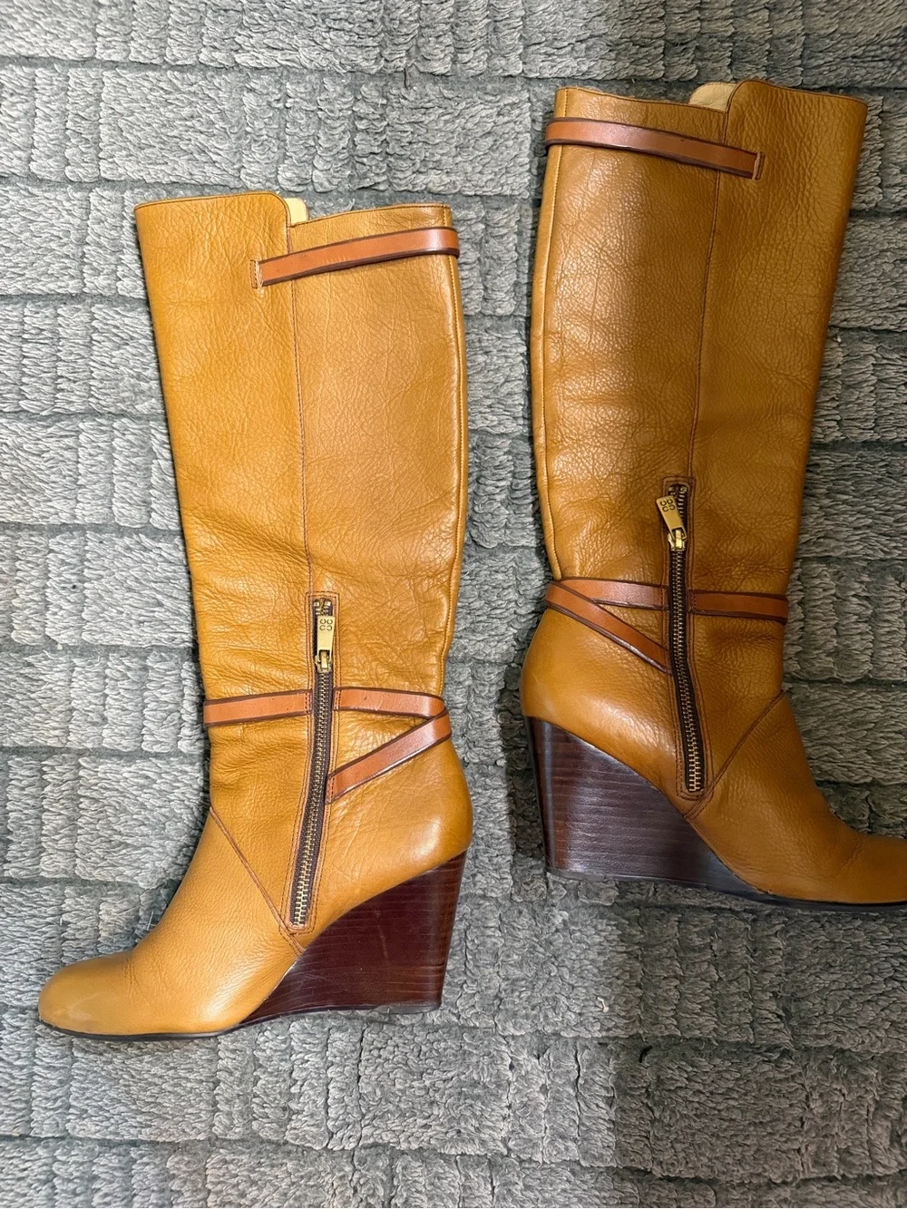 Coach Adair Tan Leather Wedge Knee-High Boots with Brown Strap Accents